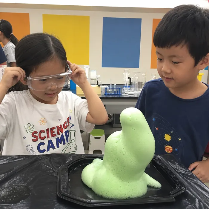 Children in goggles reacting to an elephant toothpaste eruption