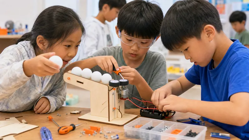 Children building a ball launcher at camp