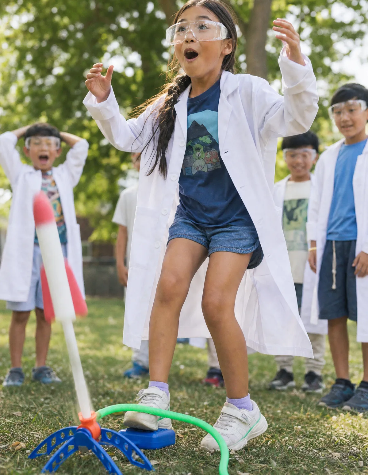 A young scientist in goggles and lab coat launches a stomp rocket at camp