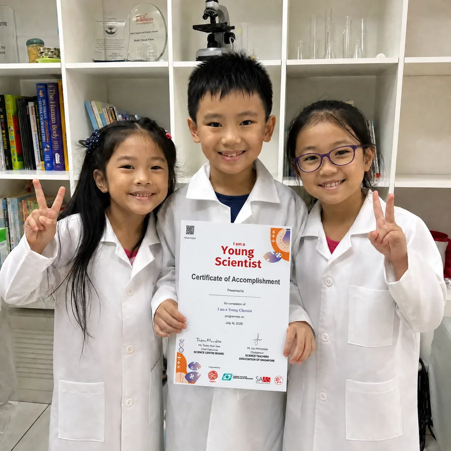 Three young campers in lab coats holding their Singapore Science Centre Global certificates